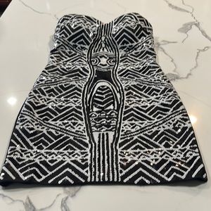 Black and White Sequins 2B Bebe Mini Strapless Dress